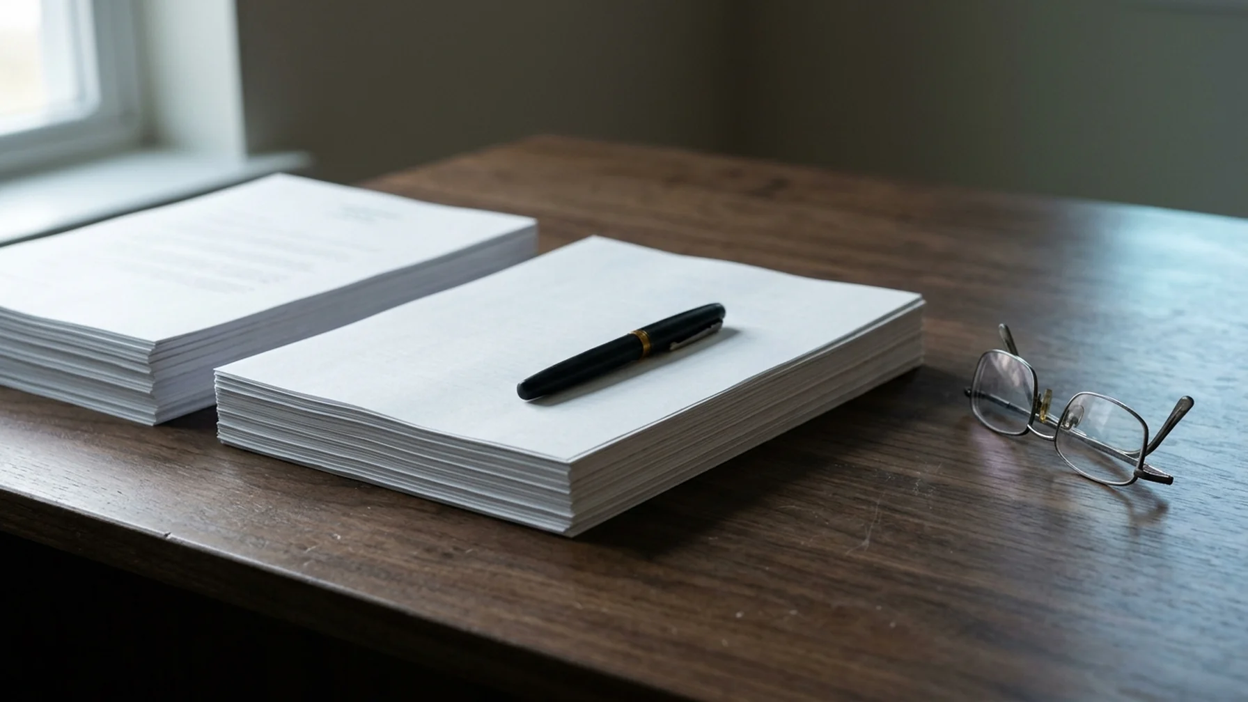 Two stacks of official-looking papers with a pen and reading glasses on a table