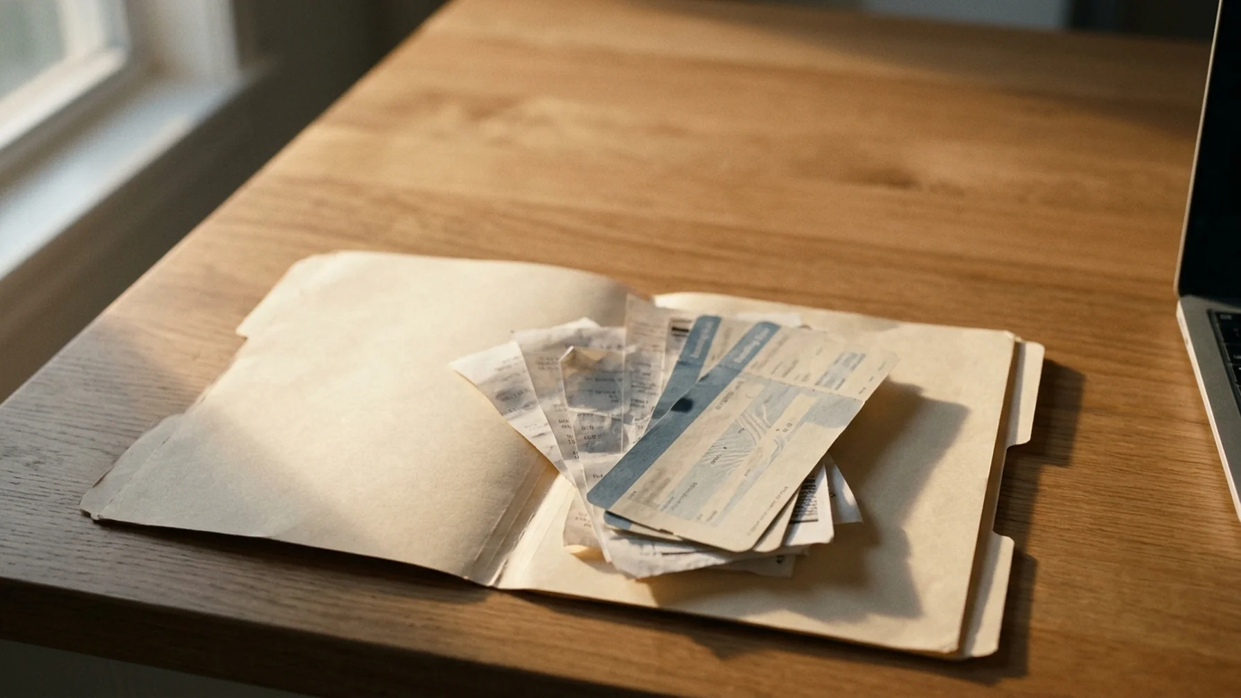 A folder of boarding passes and receipts next to a laptop on a kitchen counter